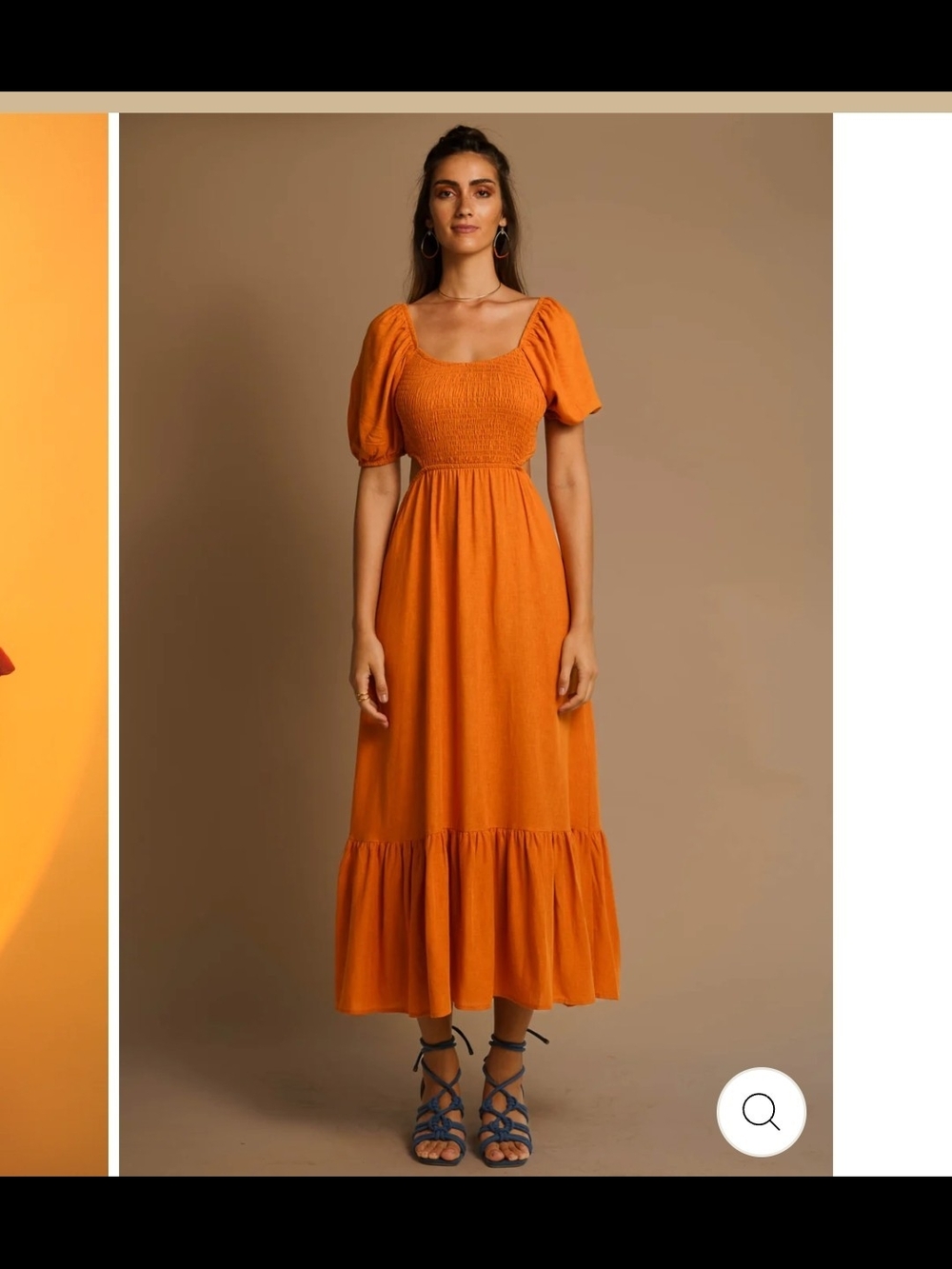 Smocked Puff-Sleeve Maxi Dress in Orange